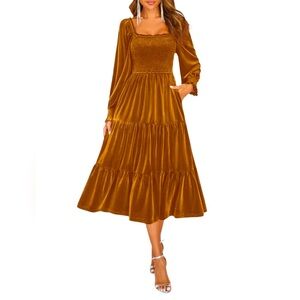 NWT Women’s Velvet Long Sleeve Square Neck Smocked Ruffle A Line Dress Size M